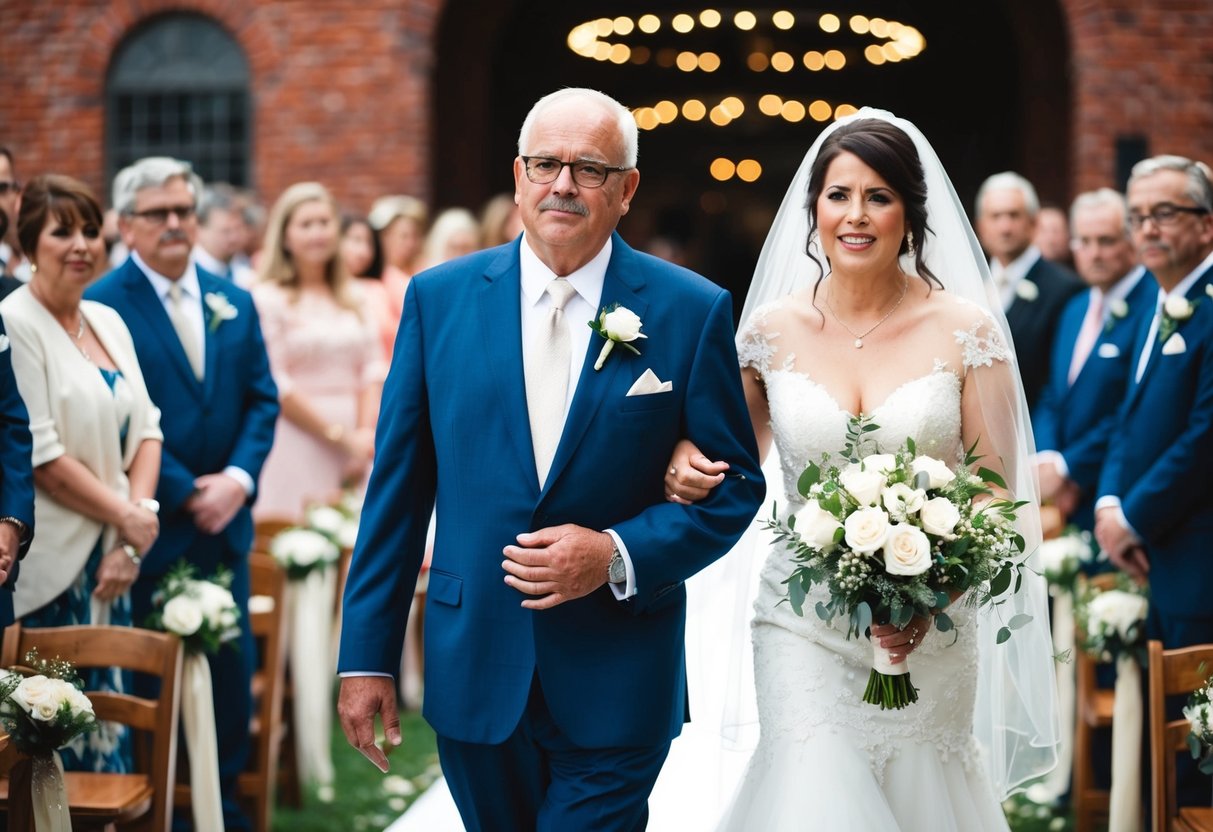 The bride's father walks down the aisle on the left side