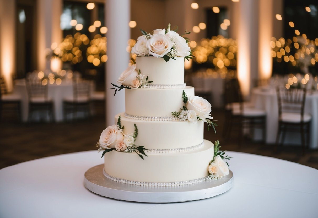 A three-tiered wedding cake with elegant floral decorations, suitable for 125 guests