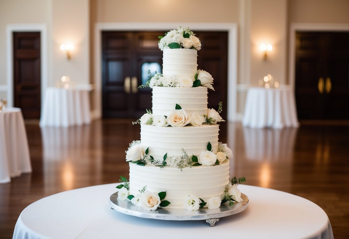 A three-tiered wedding cake adorned with intricate floral decorations, sitting on a polished white table in a spacious, elegant reception hall
