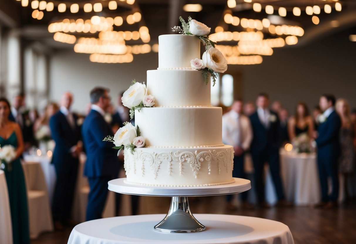 A tiered wedding cake with intricate details and floral accents, large enough to serve 100 guests, displayed on a sleek cake stand