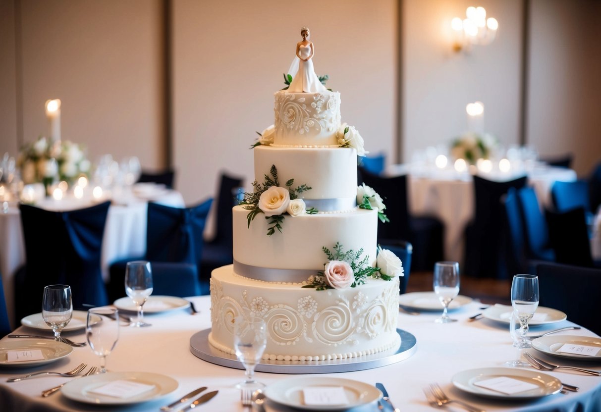 A three-tiered wedding cake, adorned with intricate floral designs and topped with a delicate figurine, sits on a table surrounded by 75 place settings
