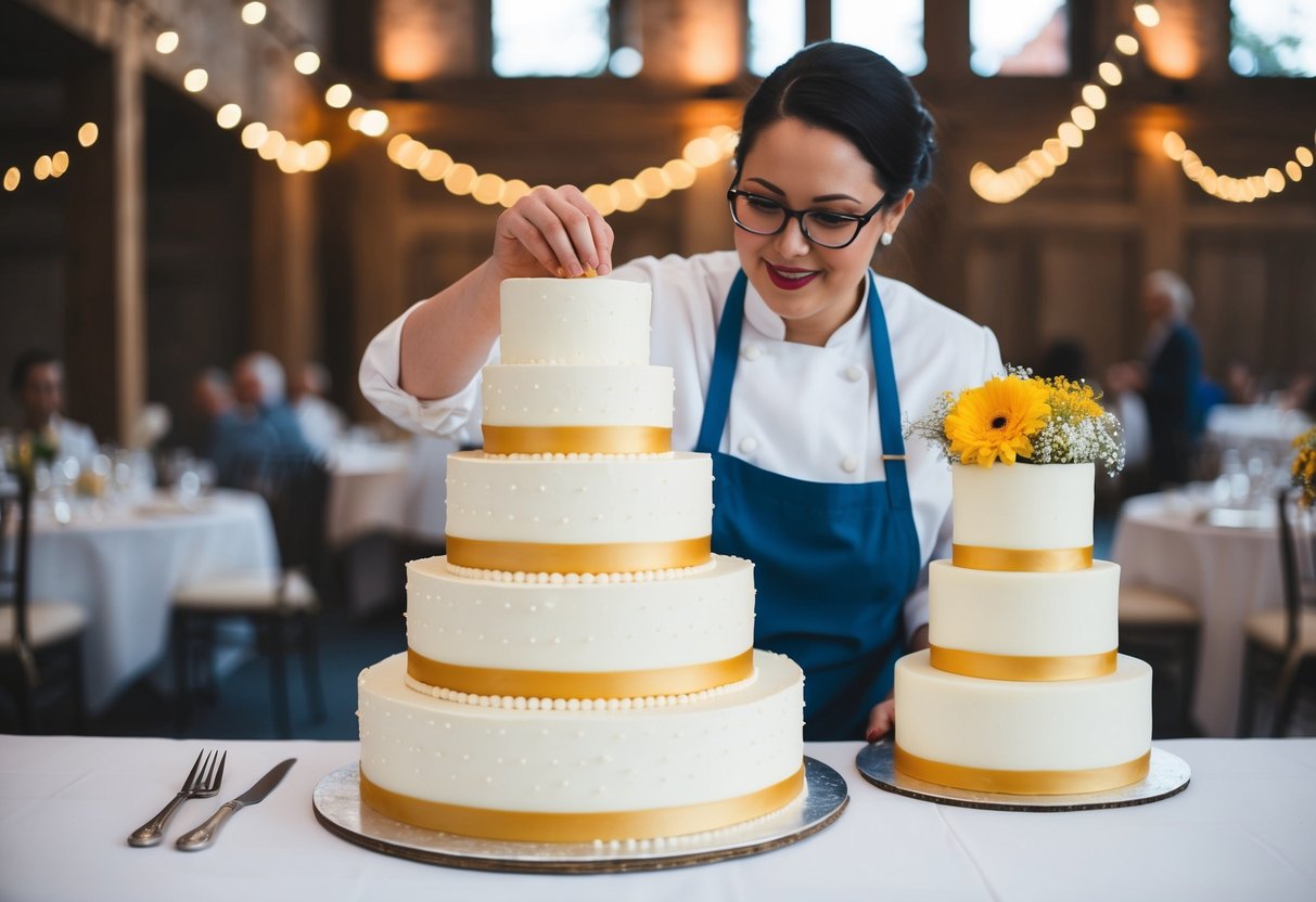 A baker measuring tiers of a wedding cake to serve 75 guests