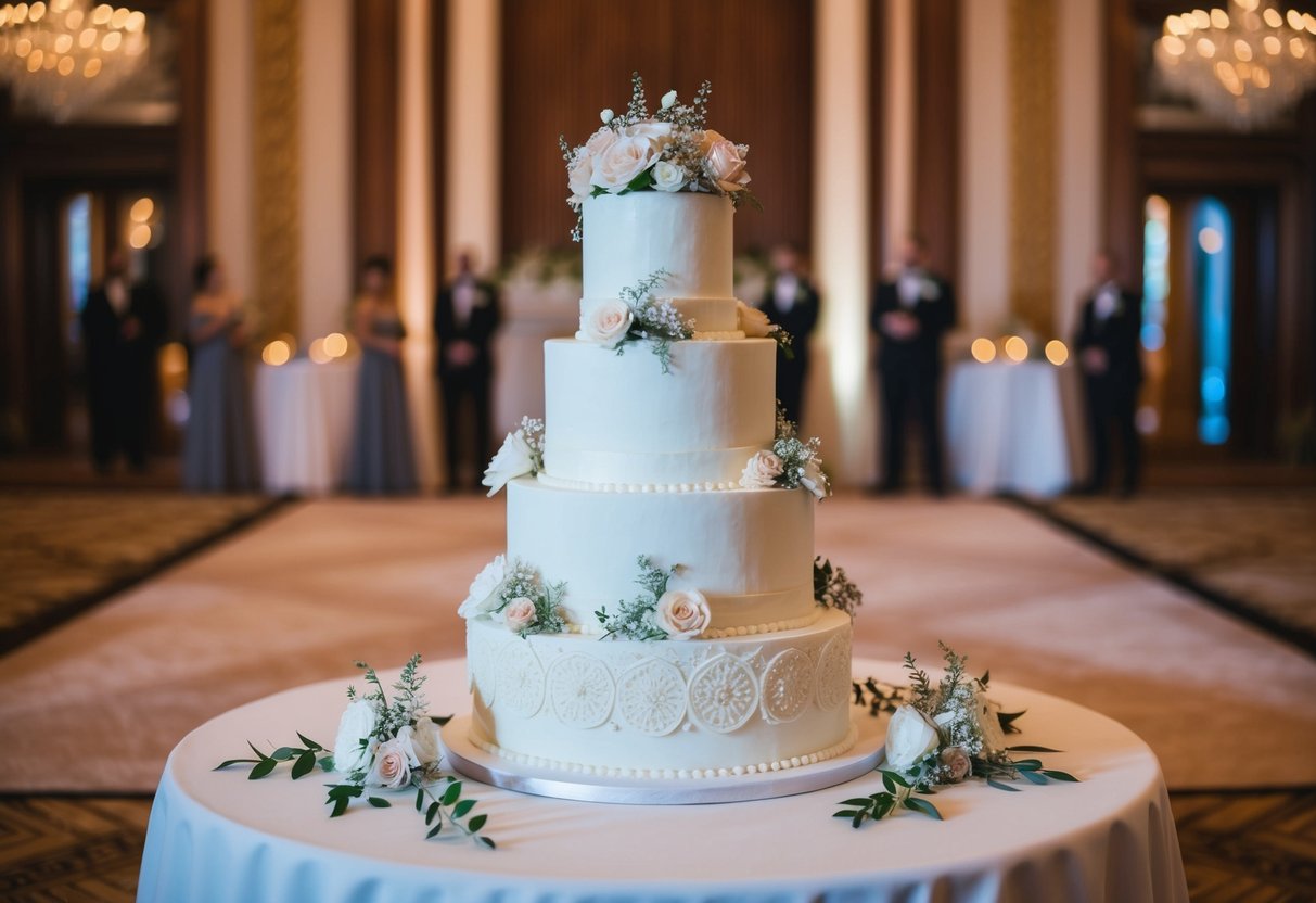 A three-tiered wedding cake, adorned with intricate floral decorations, sits on a grand table in the center of a luxurious reception hall