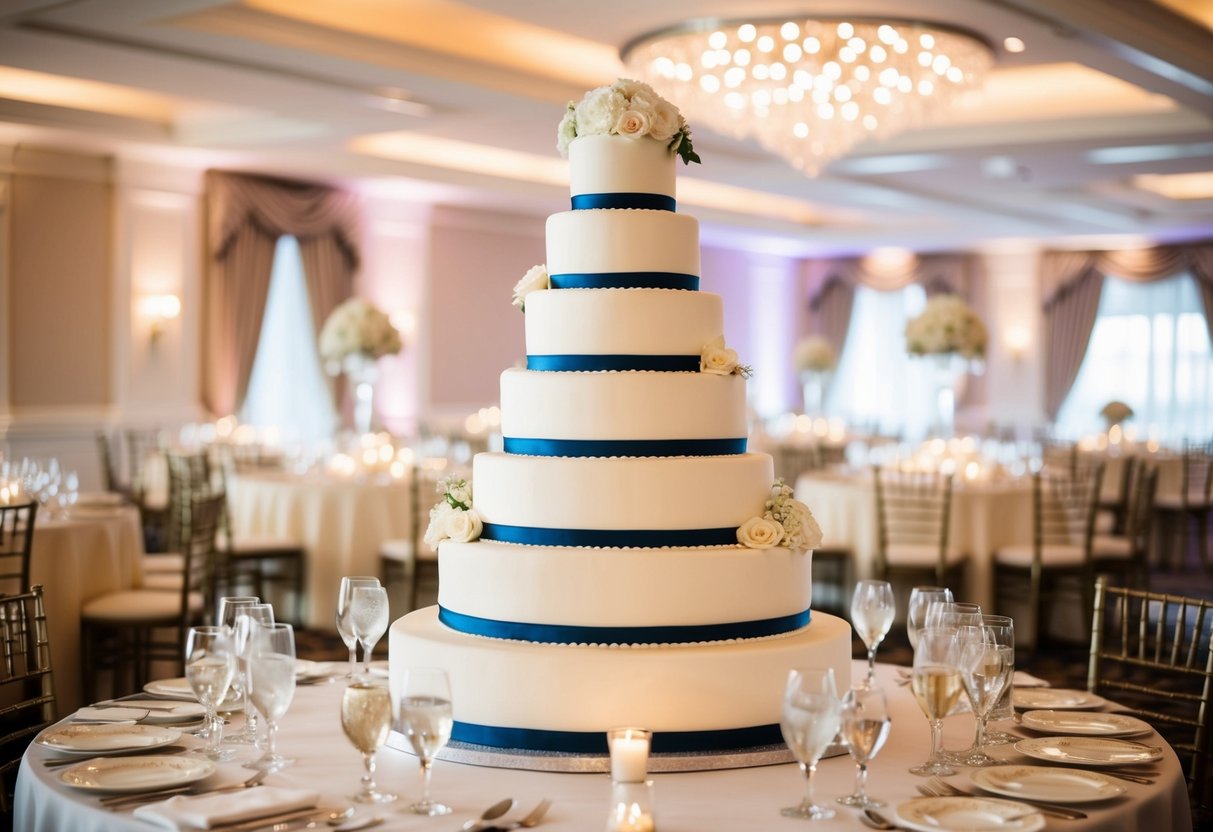 A towering multi-tiered wedding cake surrounded by 200 place settings and elegant table decor