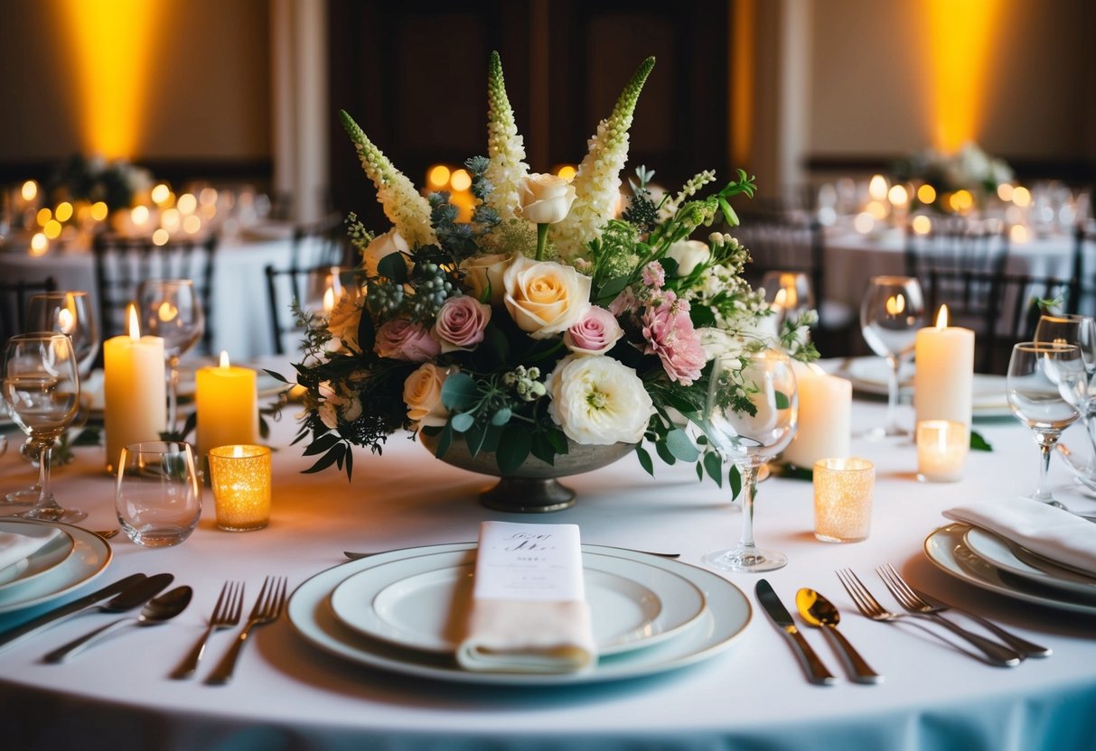 A floral centerpiece sits next to the bride on the top table, surrounded by elegant place settings and glowing candlelight