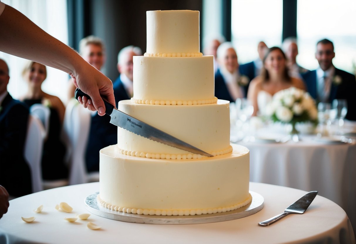 A tiered wedding cake being measured and cut into slices for 200 guests