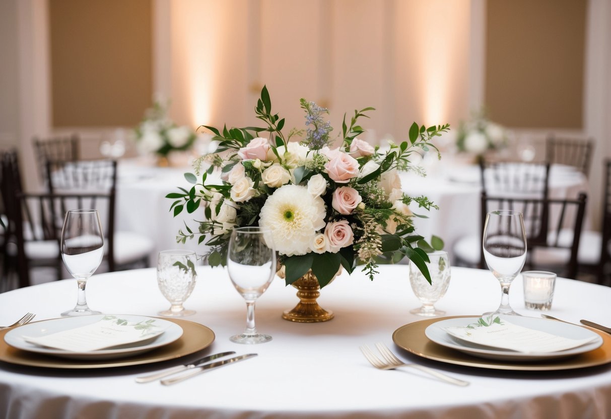 A floral centerpiece sits between two elegant place settings at the top table, with the bride's seat positioned in the center