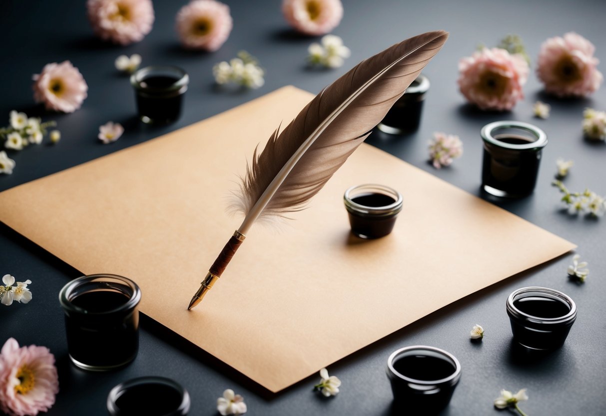 A quill pen poised over a blank parchment, surrounded by scattered ink pots and delicate floral decorations