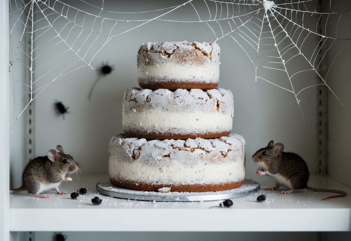 A dusty, crumbling wedding cake sits on a shelf, covered in cobwebs and surrounded by mice