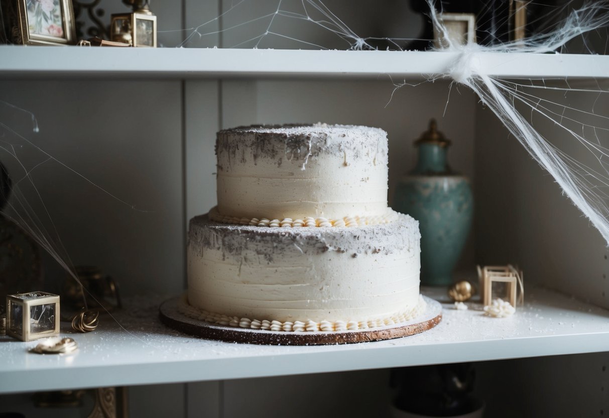 A wedding cake covered in a thick layer of dust sits on a shelf, surrounded by cobwebs and fading decorations