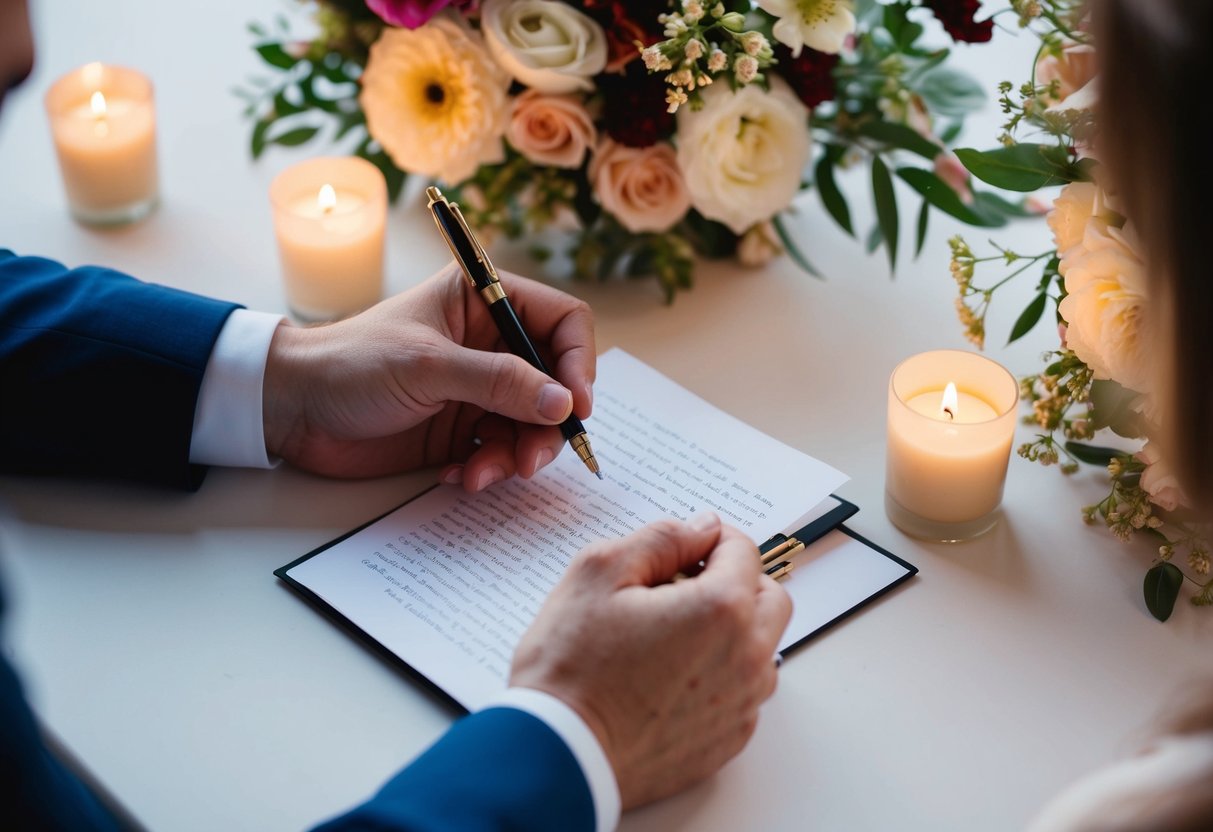 A couple's hands holding a pen and paper, surrounded by flowers and candles, as they finalize and practice their wedding vows
