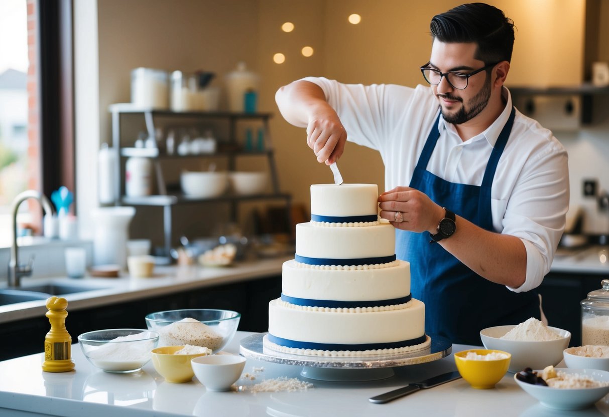 A baker carefully crafting a tiered wedding cake, surrounded by various design options and ingredients