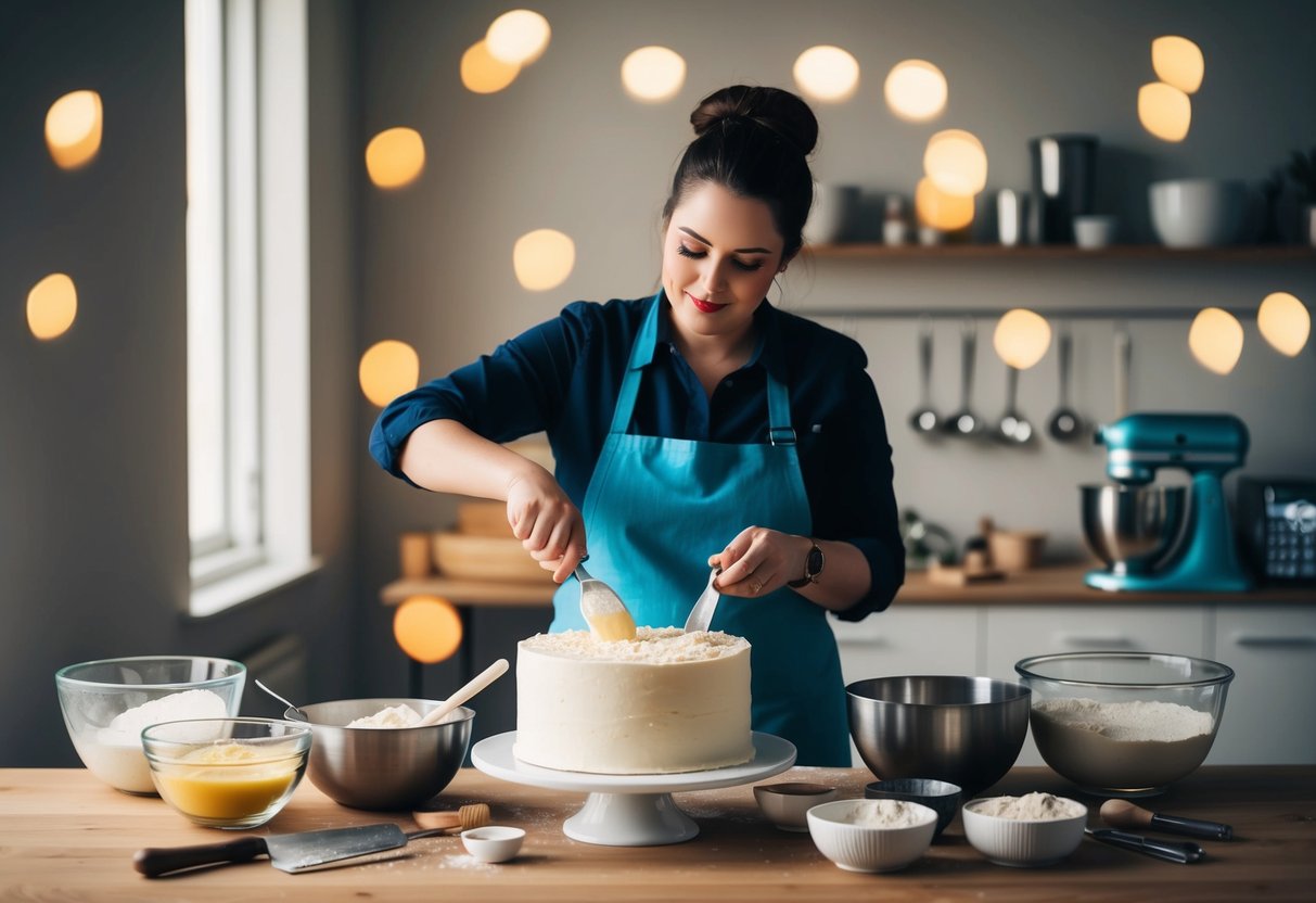 A baker carefully measures ingredients for a wedding cake, surrounded by a variety of tools and mixing bowls