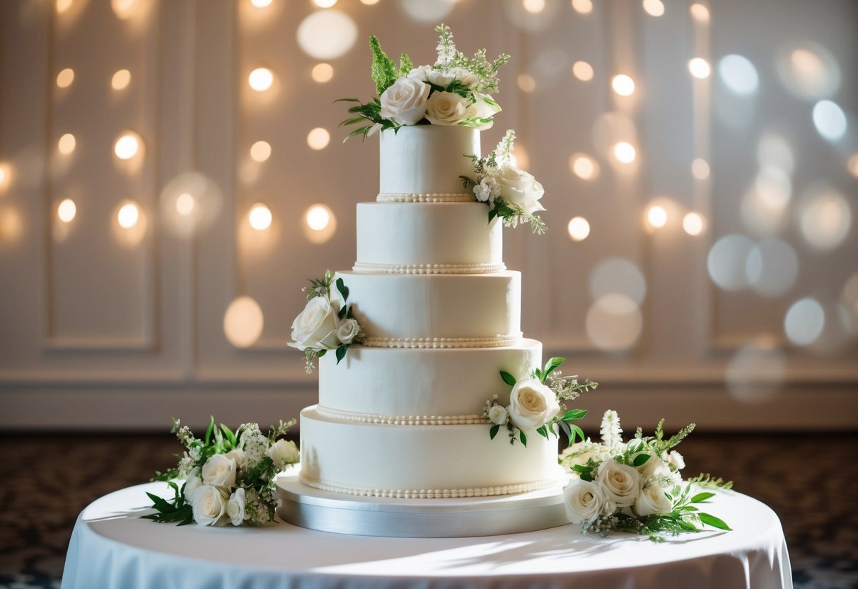 A tiered wedding cake displayed on a elegant table, surrounded by fresh flowers and decorative icing details