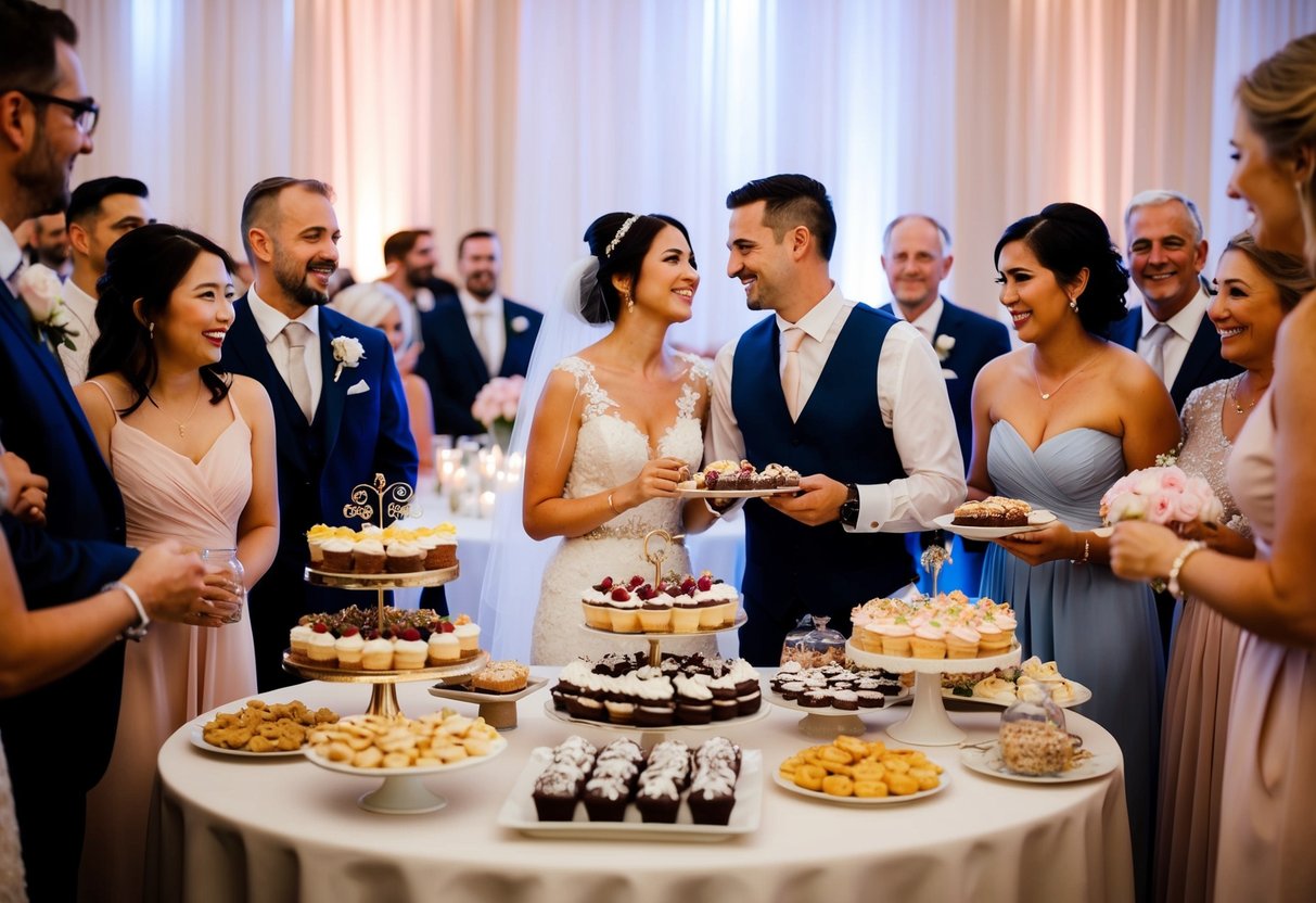 A newlywed couple enjoys a dessert table filled with an assortment of sweet treats, surrounded by friends and family at their wedding reception