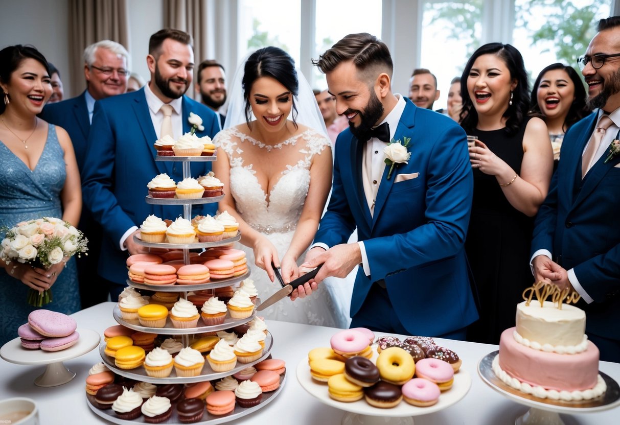 A bride and groom cutting into a tiered display of alternative wedding desserts, such as cupcakes, macarons, and donuts, surrounded by happy guests