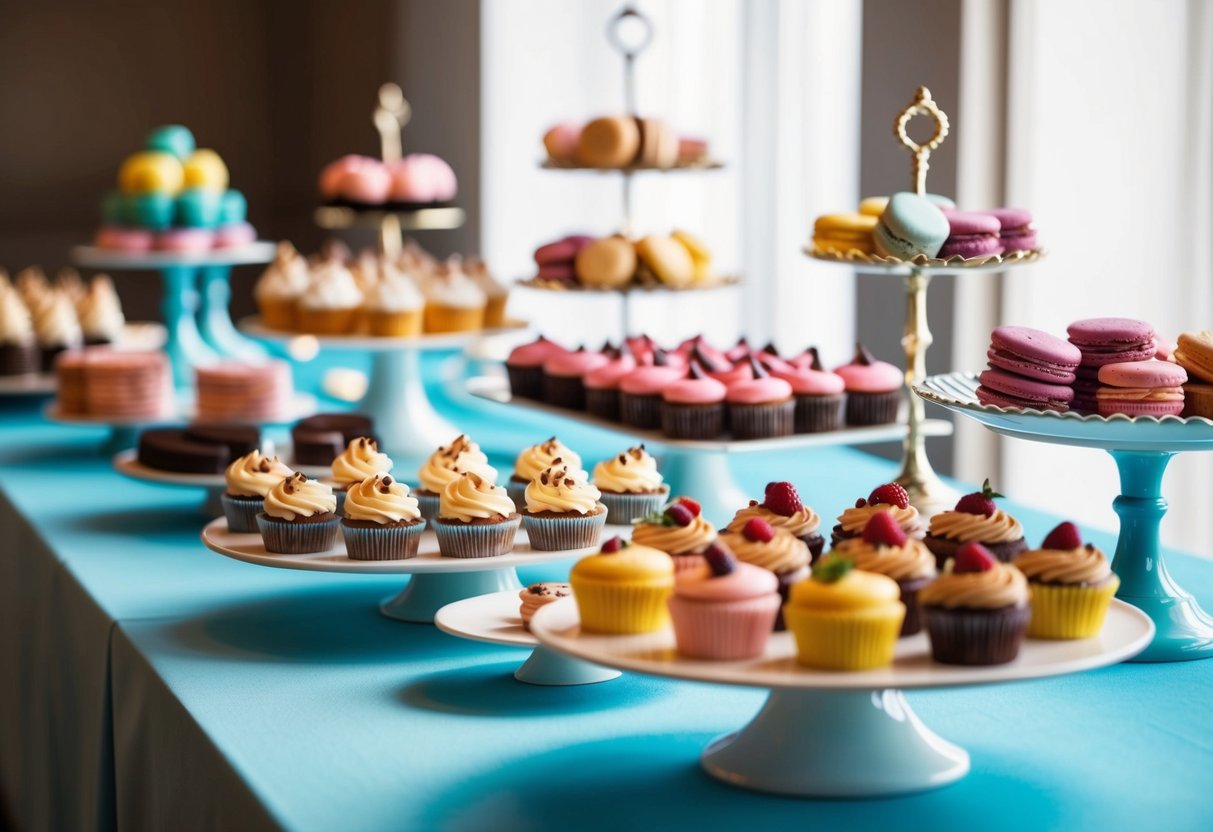 A colorful dessert table with an array of unique treats, from cupcakes to macarons, arranged on elegant platters and stands