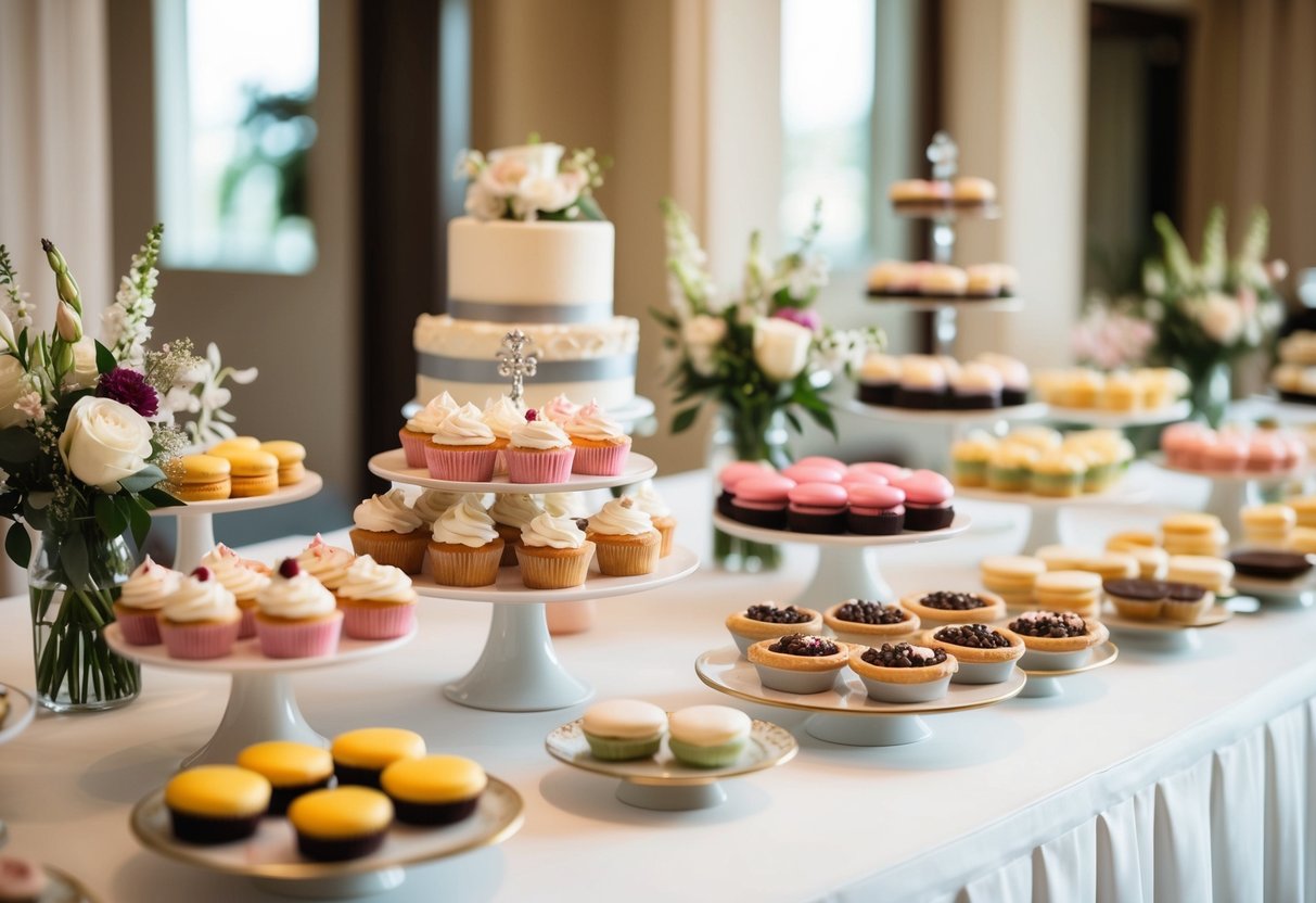 A dessert table at a wedding reception, featuring an assortment of sweet treats such as cupcakes, macarons, and mini pies, with elegant decorations and floral accents
