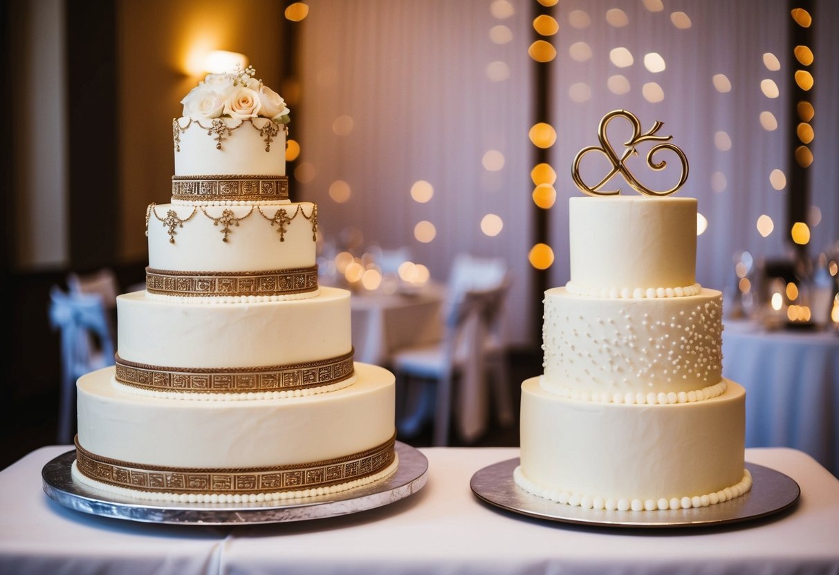 A wedding cake with traditional decorations and a separate groom's cake displayed on a dessert table at a wedding reception