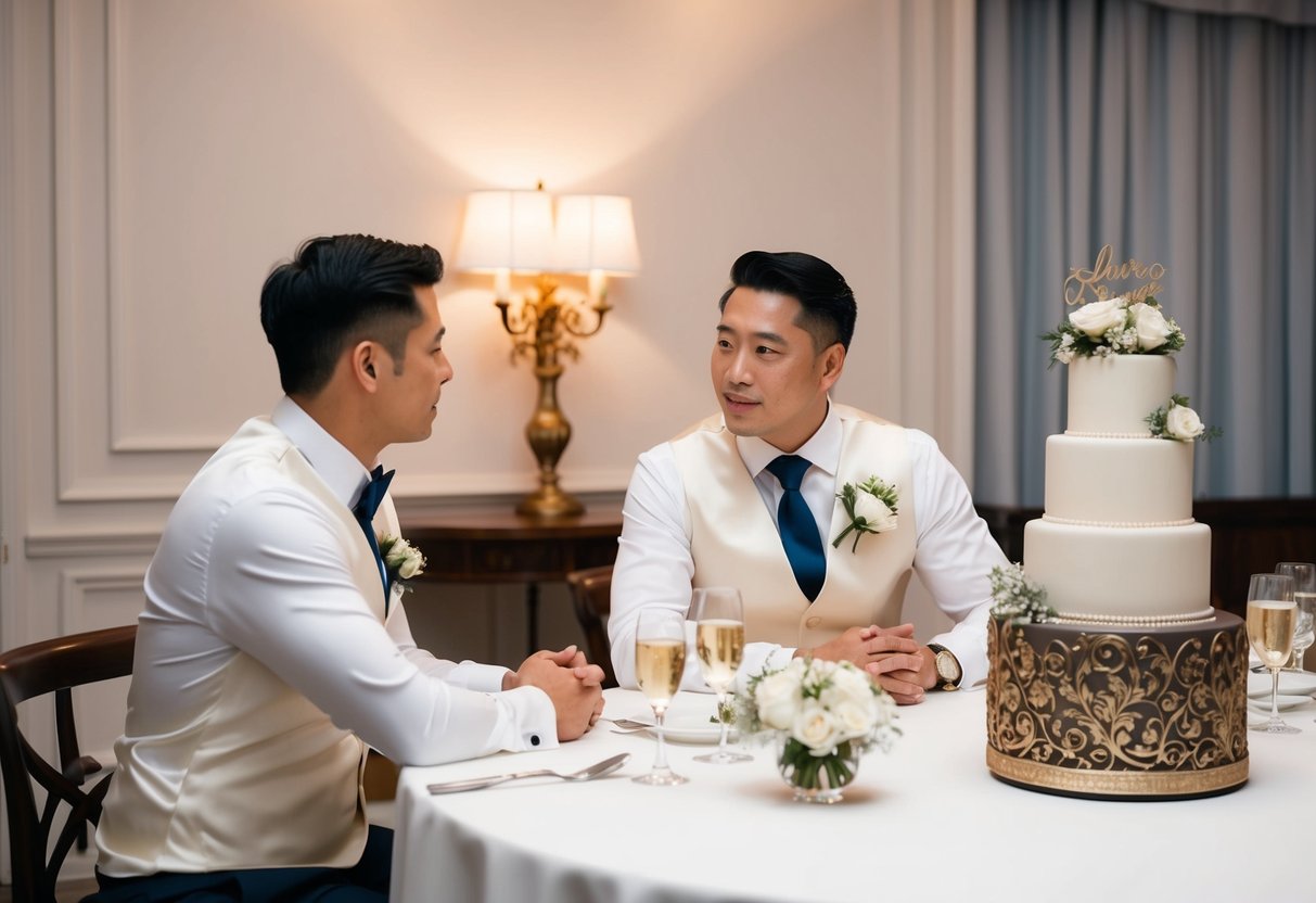 A well-dressed couple discussing wedding plans at a formal dining table, with a decorative groom's cake displayed nearby