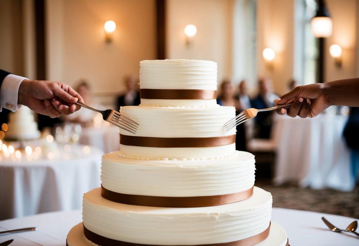 A tiered cake with two forks cutting into it at a wedding reception