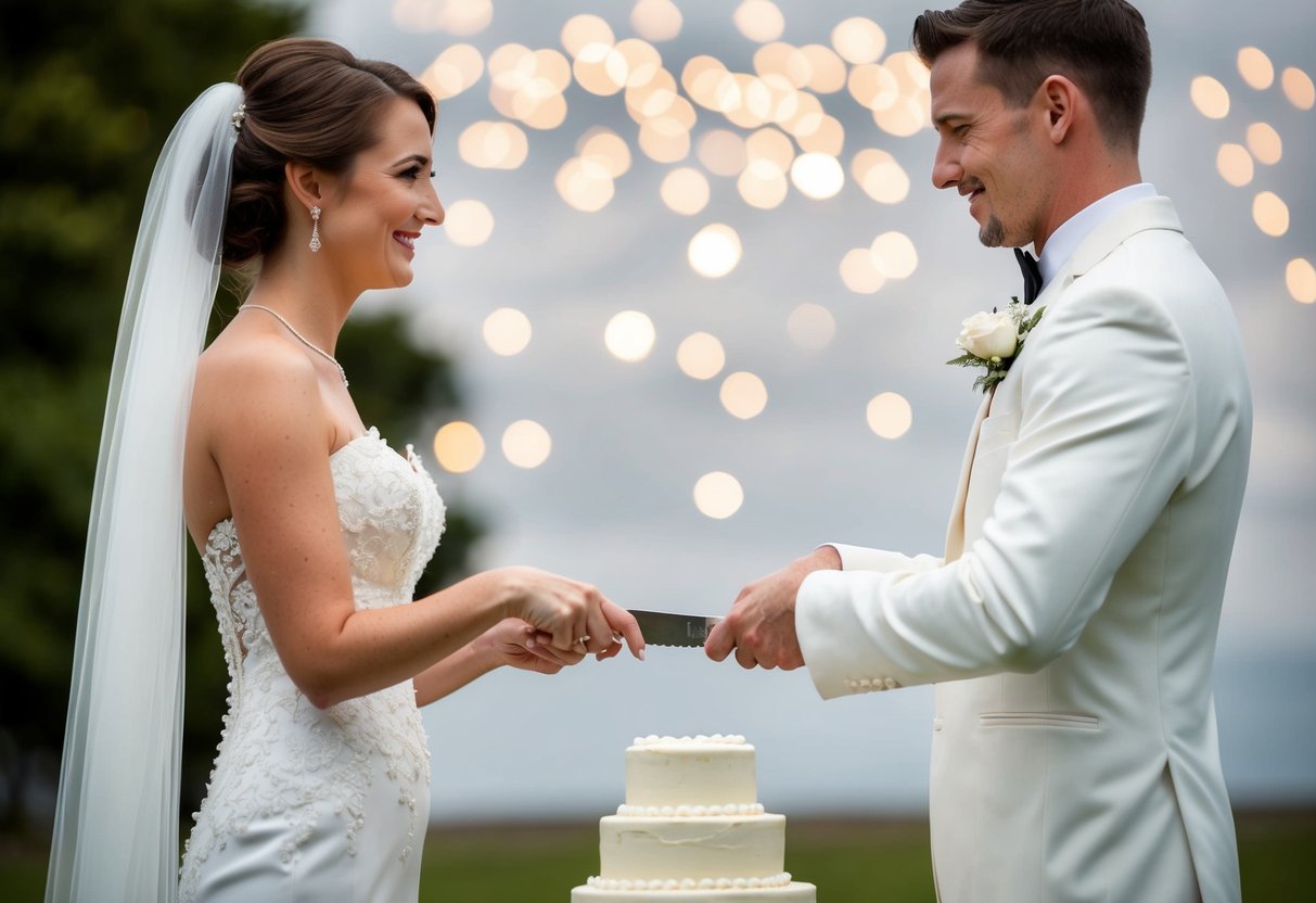 A bride and groom stand facing each other, holding a knife together as they prepare to cut a wedding cake