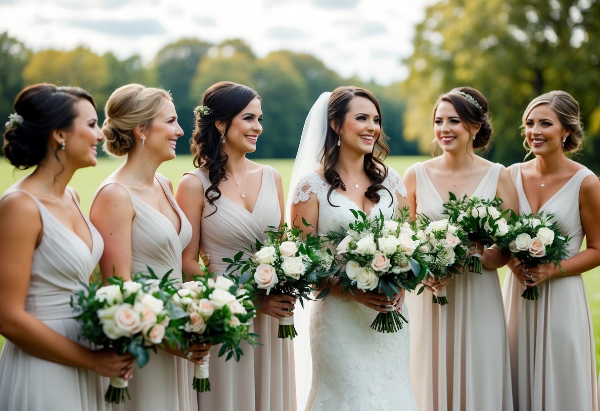 A bride and her bridesmaids stand on the left side of a wedding scene, smiling and holding bouquets