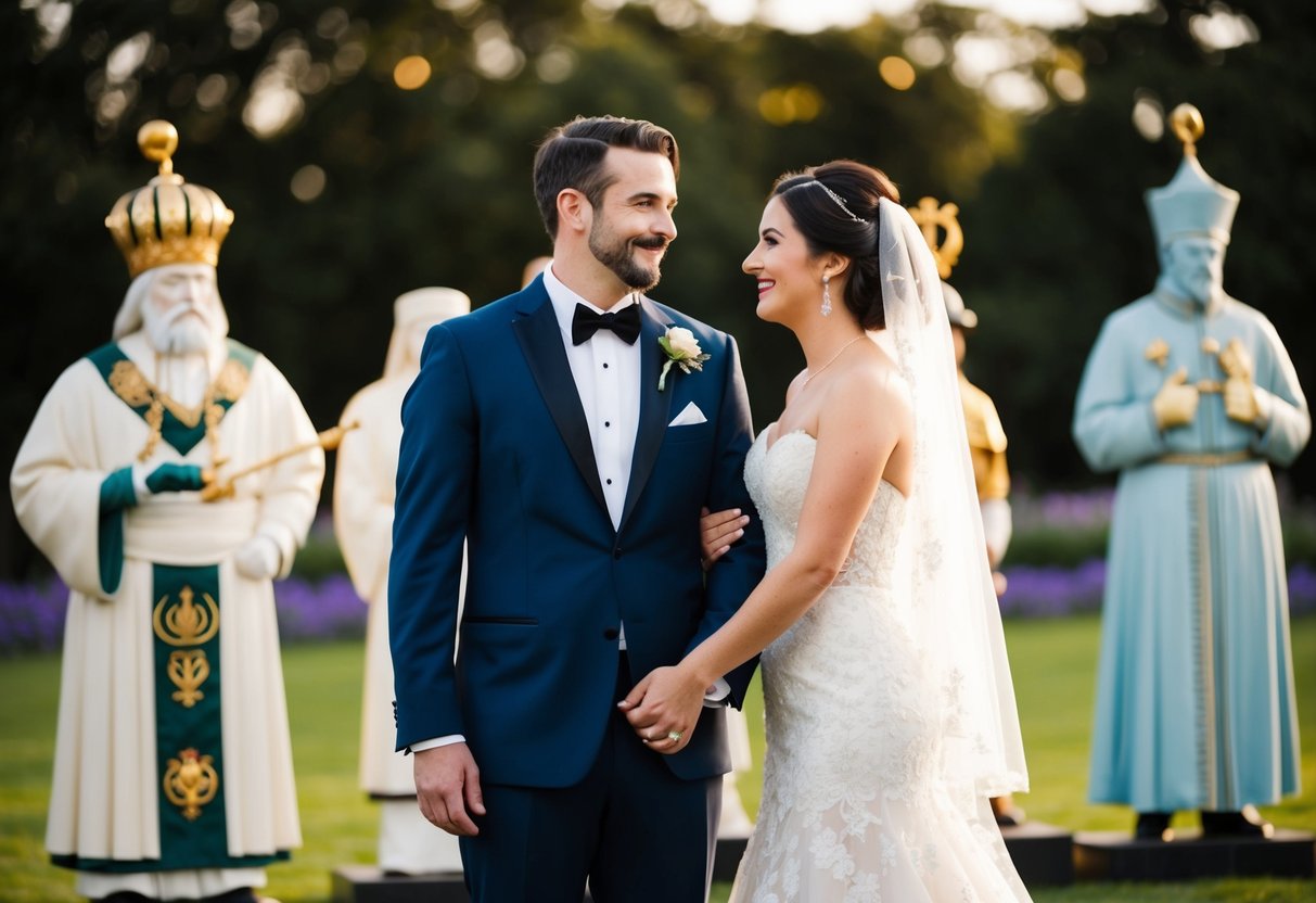 A bride and groom stand together, with the bride positioned on the left side, while historical figures and symbols representing tradition surround them