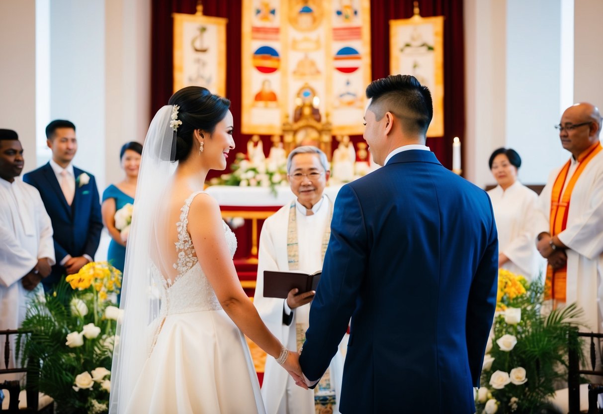 A bride and groom stand at the altar, surrounded by cultural symbols and traditions from around the world. The bride is positioned on the left side, reflecting the cultural variations in wedding ceremonies