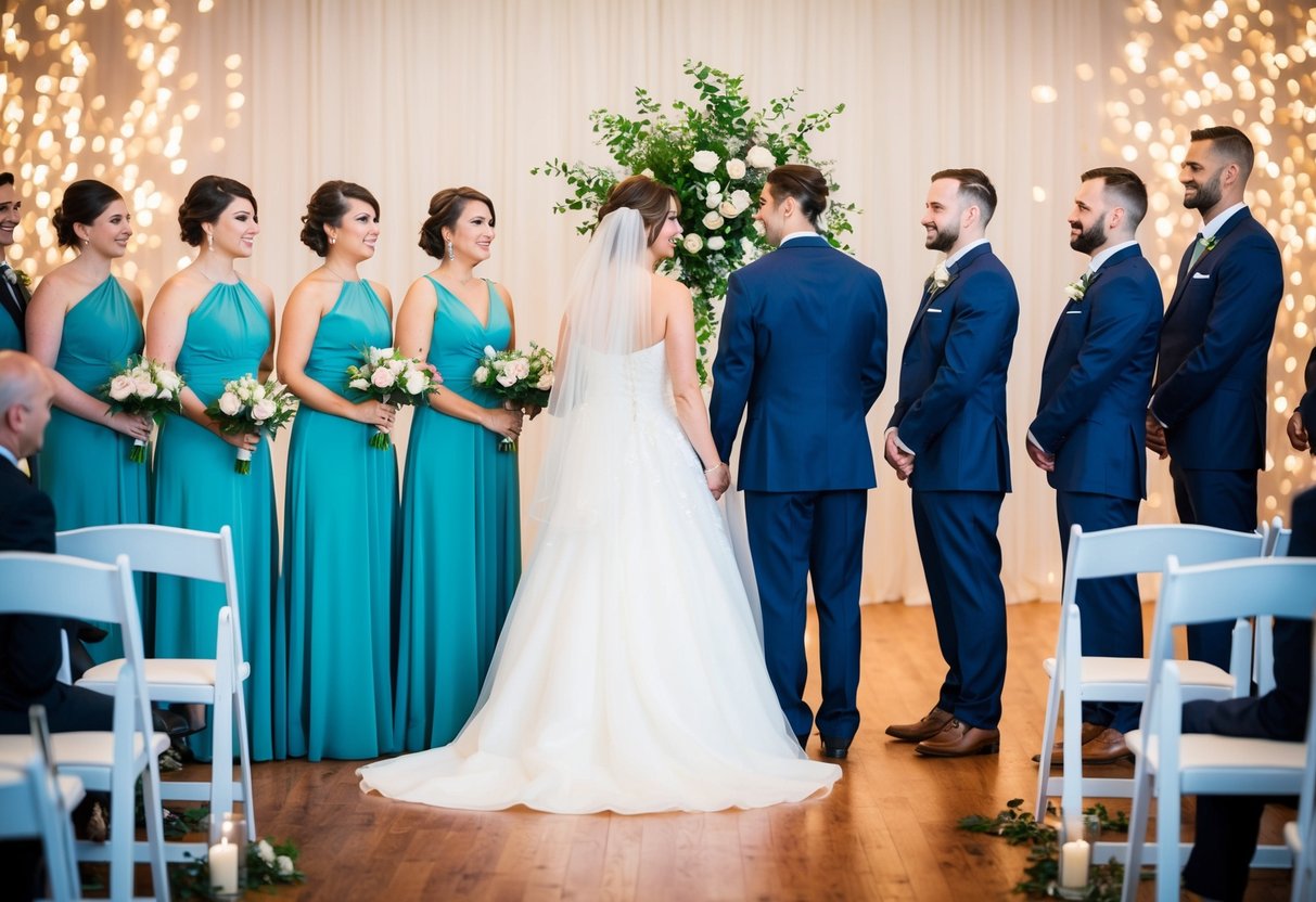 A bride and her bridesmaids stand on the left side of the ceremony space, facing the groom and his groomsmen on the right side