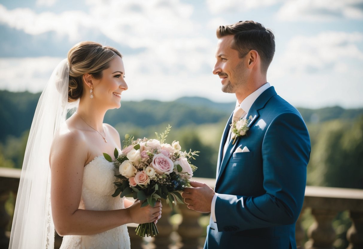 A bride stands on the left, holding a bouquet of flowers, while a groom stands on the right, holding a ring