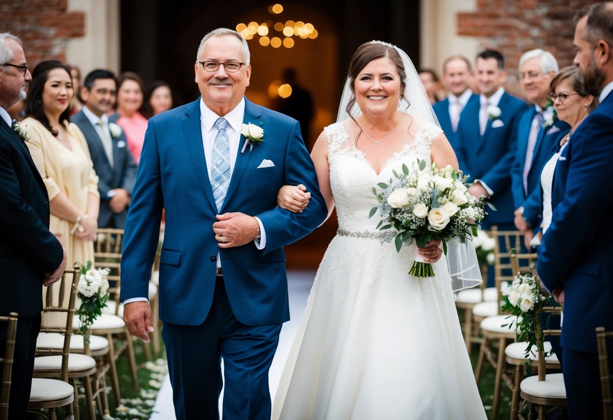 A father walks proudly beside his daughter down the aisle, beaming with love and support