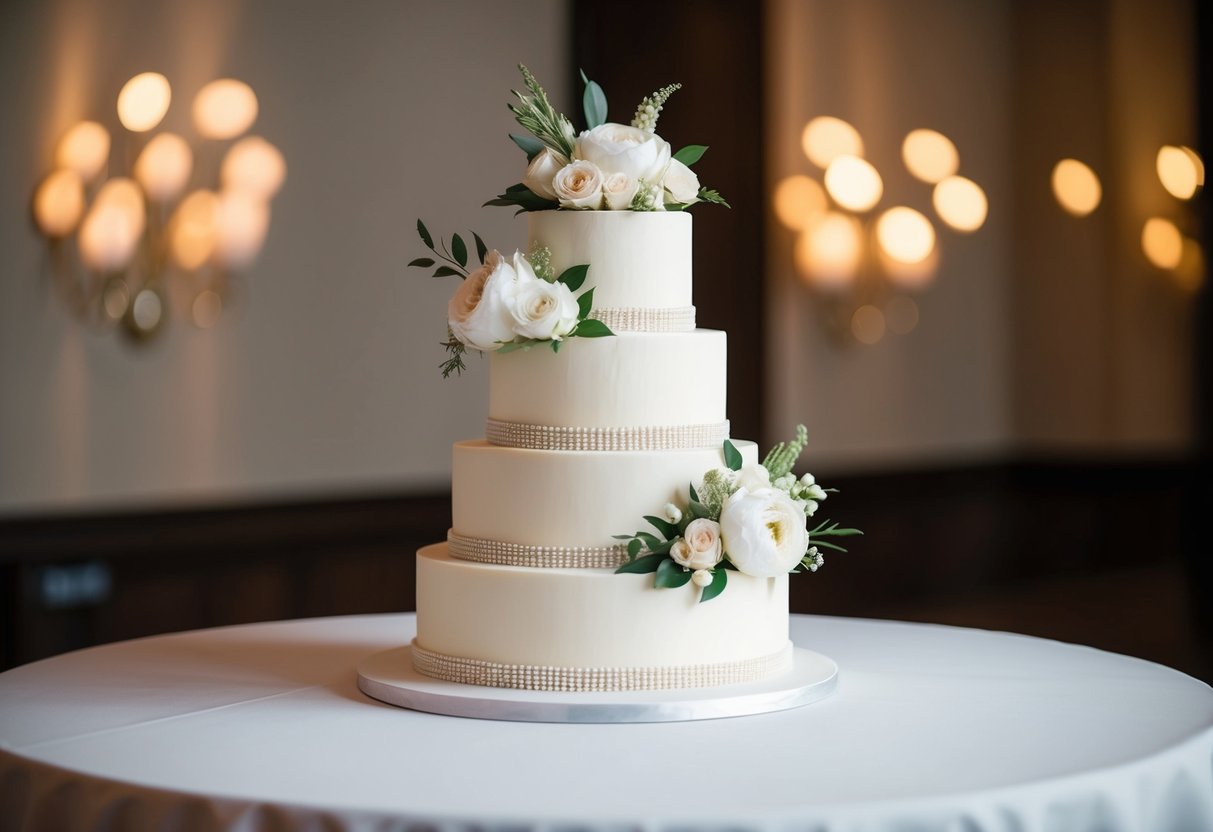 A three-tiered wedding cake with elegant floral decorations, large enough to serve 50 guests