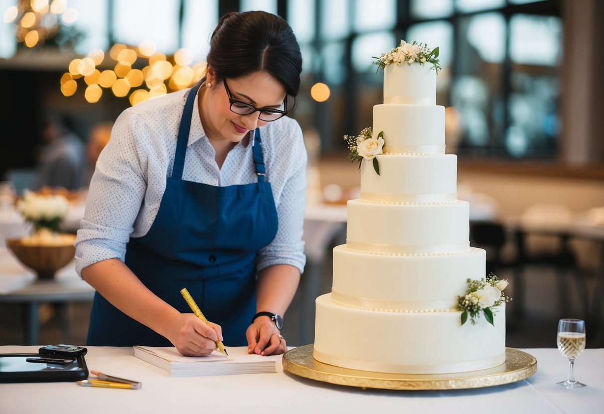 A baker measuring and sketching a multi-tiered wedding cake for 50 guests