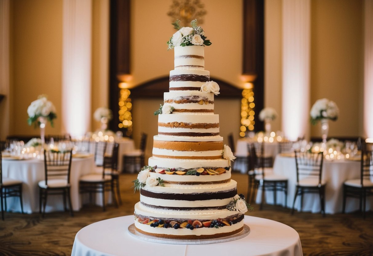 A towering wedding cake with various flavors and fillings, adorned with elegant decorations, sits on a table in the center of a grand reception hall