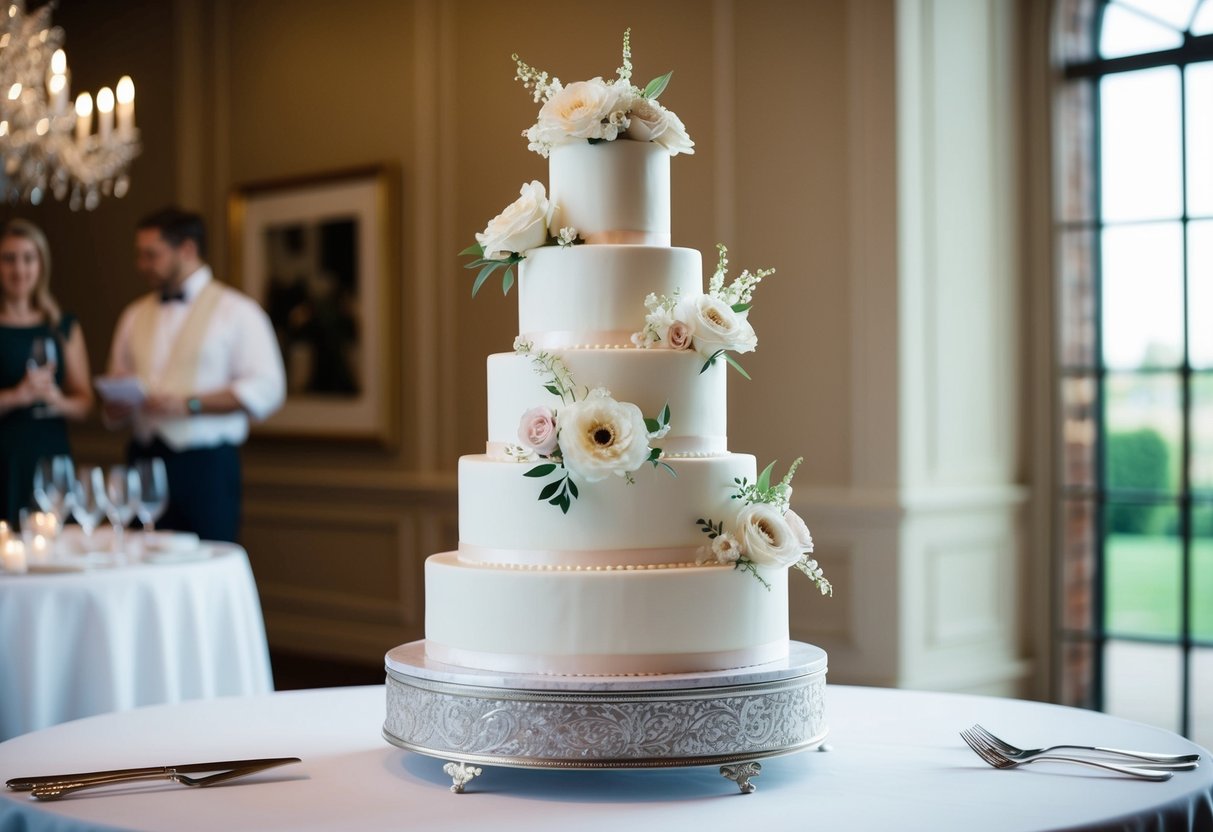 A three-tiered wedding cake with elegant floral decorations, sized to serve 50 guests
