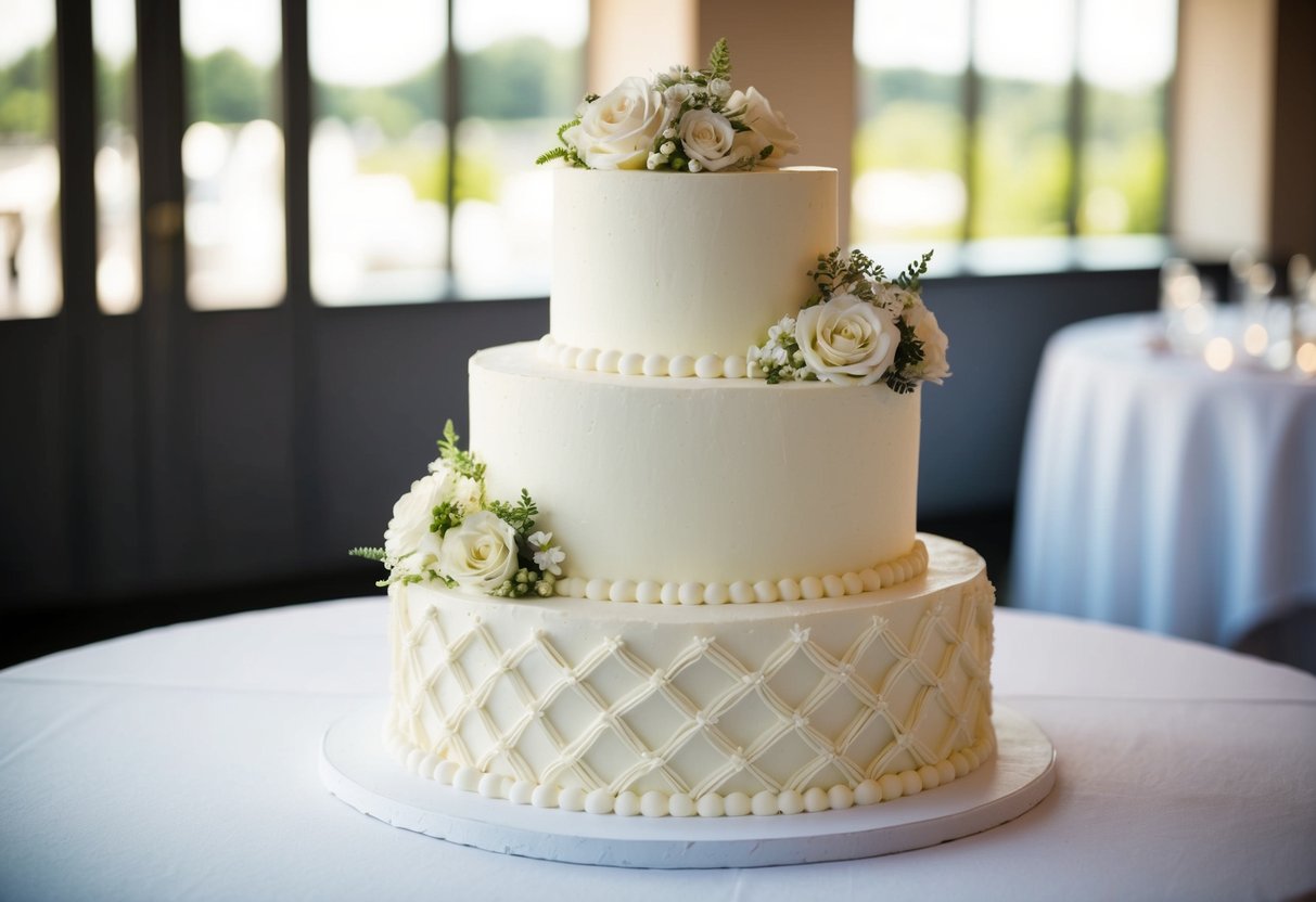 A three-tiered wedding cake with the bottom two tiers made of foam and the top tier real, adorned with intricate frosting and floral decorations