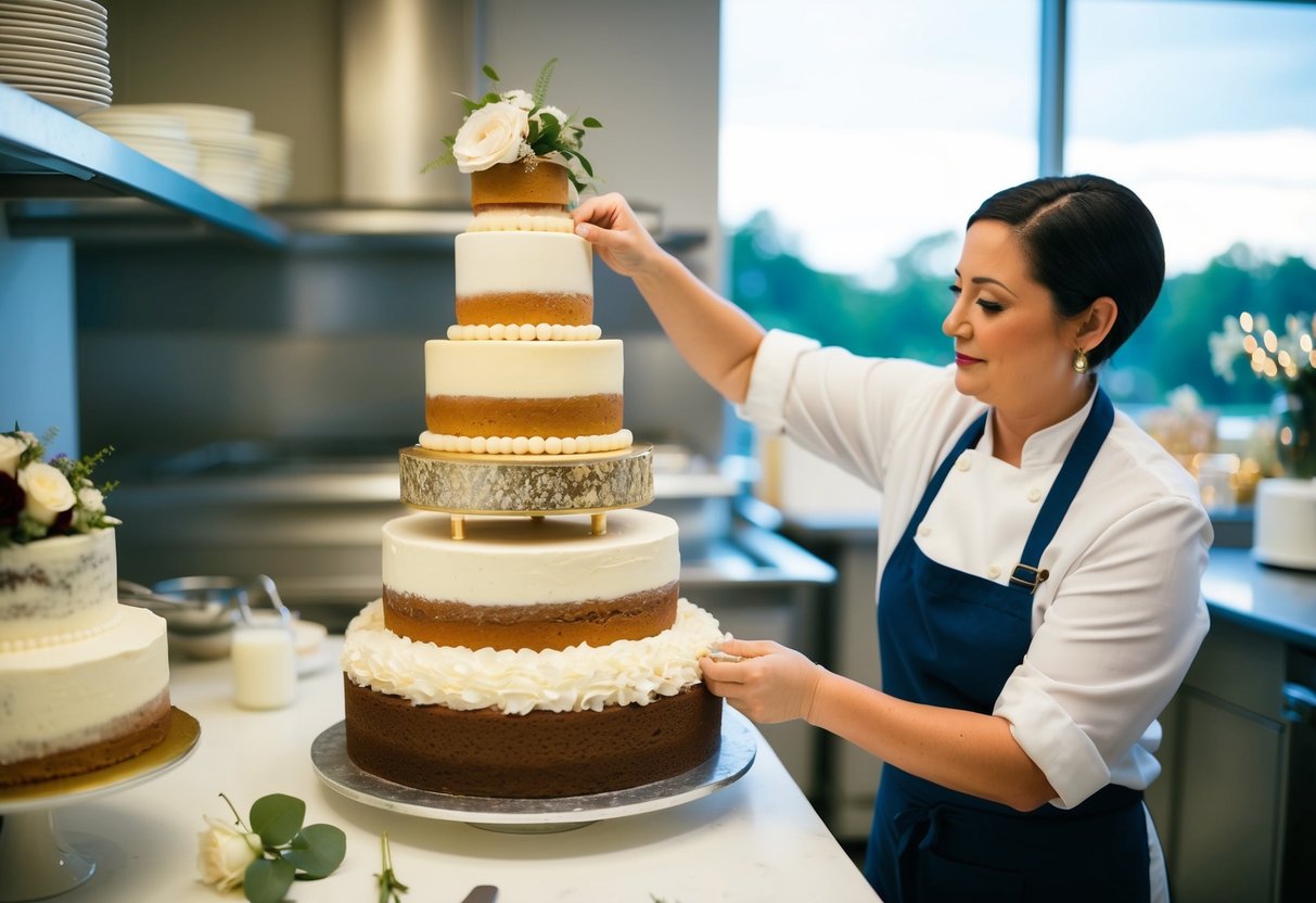 A baker assembling a wedding cake with a mix of real and fake tiers, carefully arranging and decorating each layer