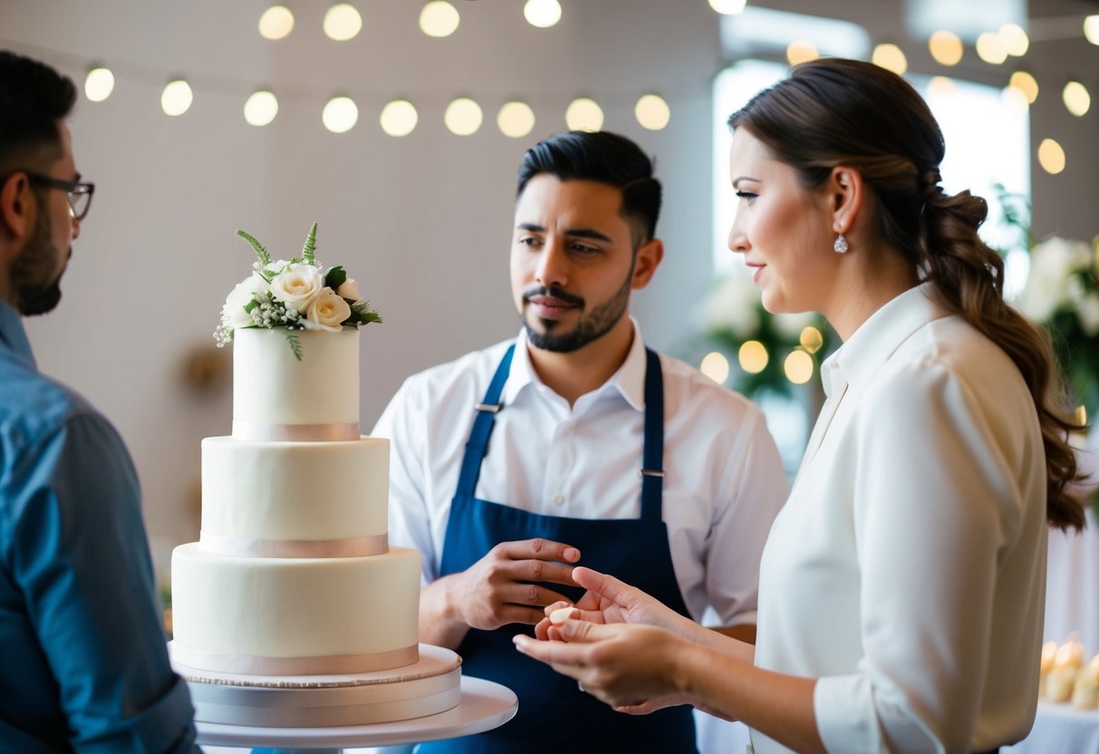 A wedding cake with two real tiers and one fake tier, being discussed by a cake maker and a client