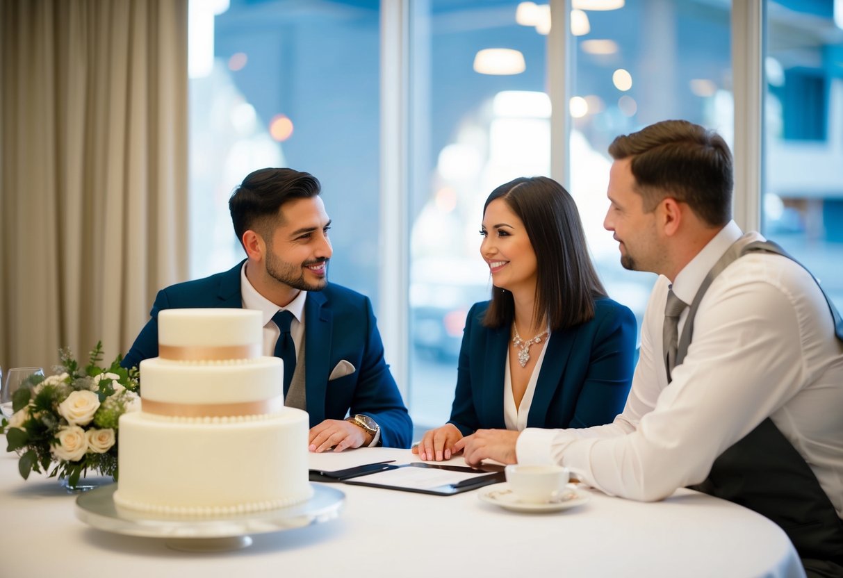 A couple sits at a table with a wedding cake designer, discussing budget and size for their 40-guest celebration