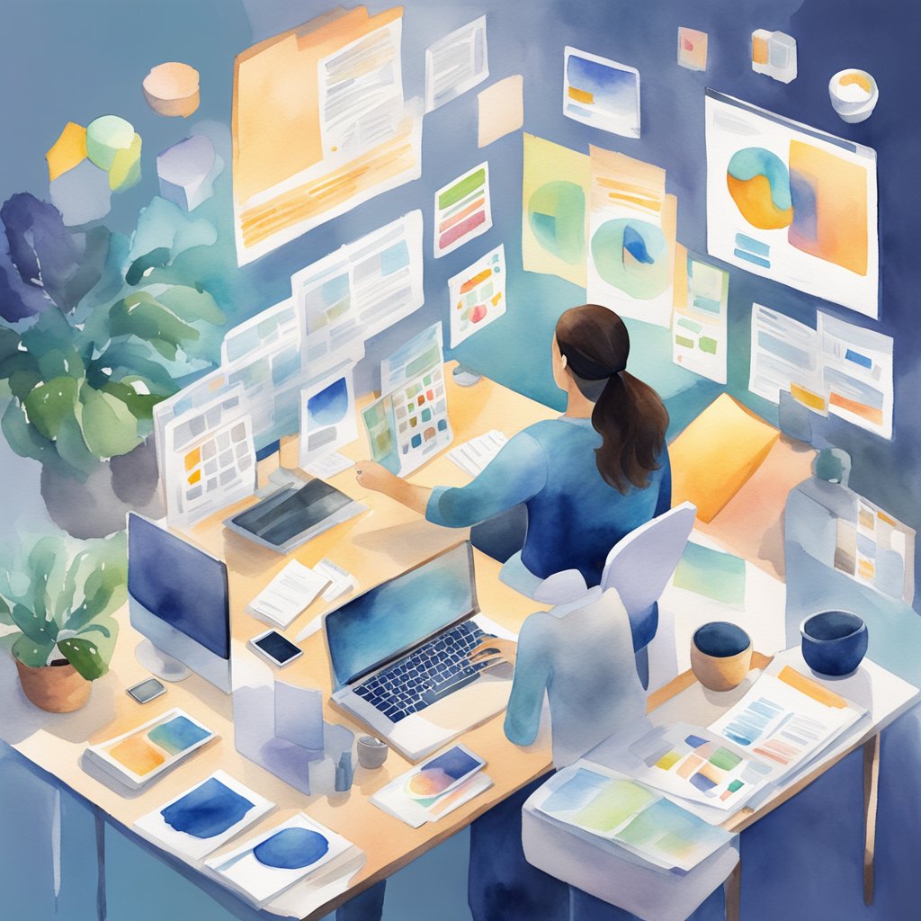 A person sitting at a desk surrounded by various marketing materials and digital devices, brainstorming and planning strategic content marketing