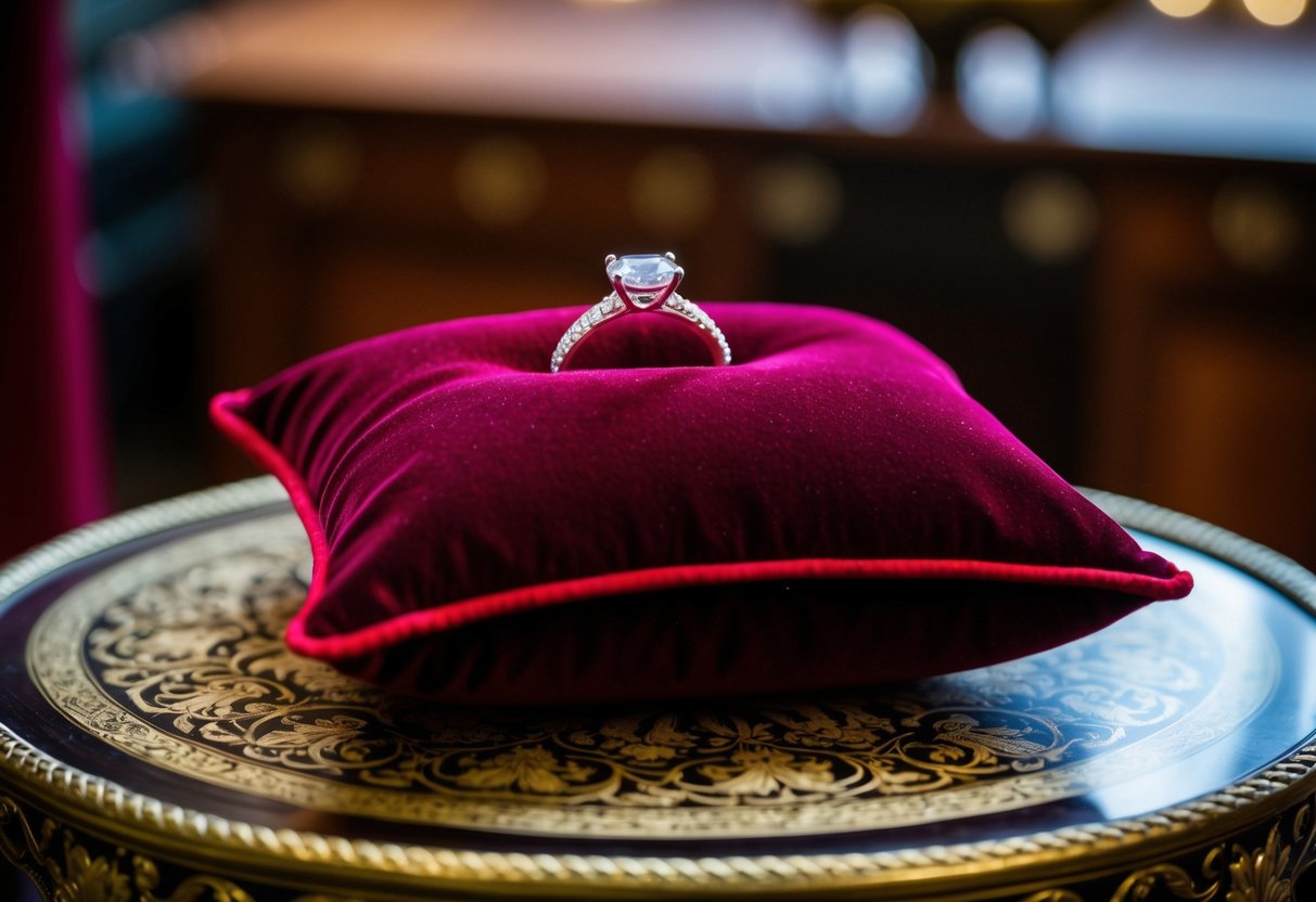 A velvet pillow with a sparkling ring rests on a ornate table
