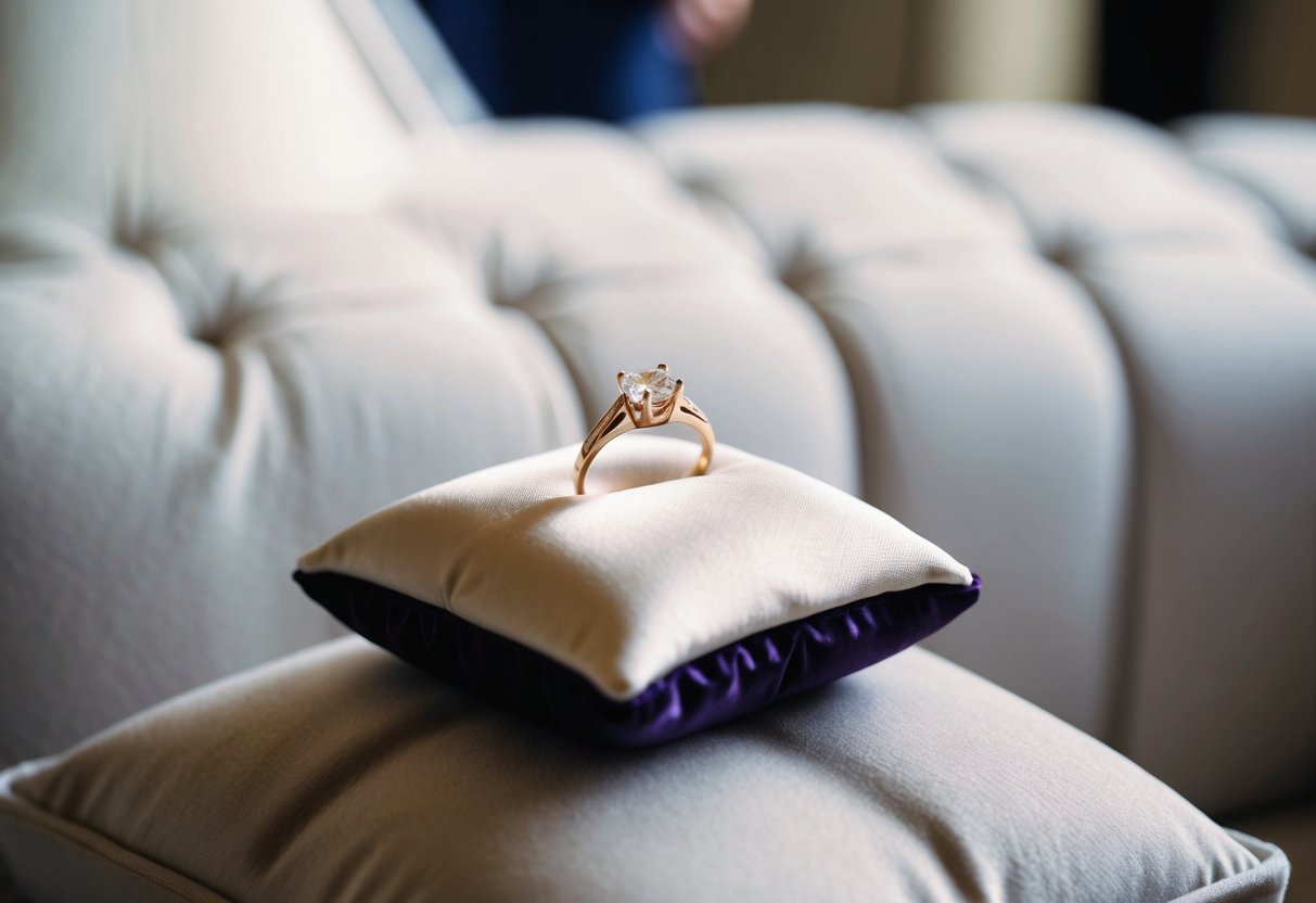A small, delicate ring box sits atop a plush cushion, awaiting the bride's arrival