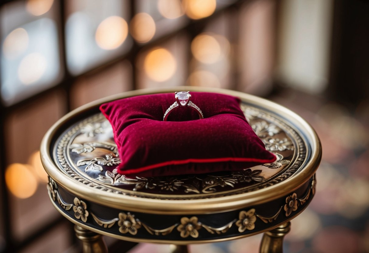 A small velvet pillow with the wedding ring rests on a decorative table