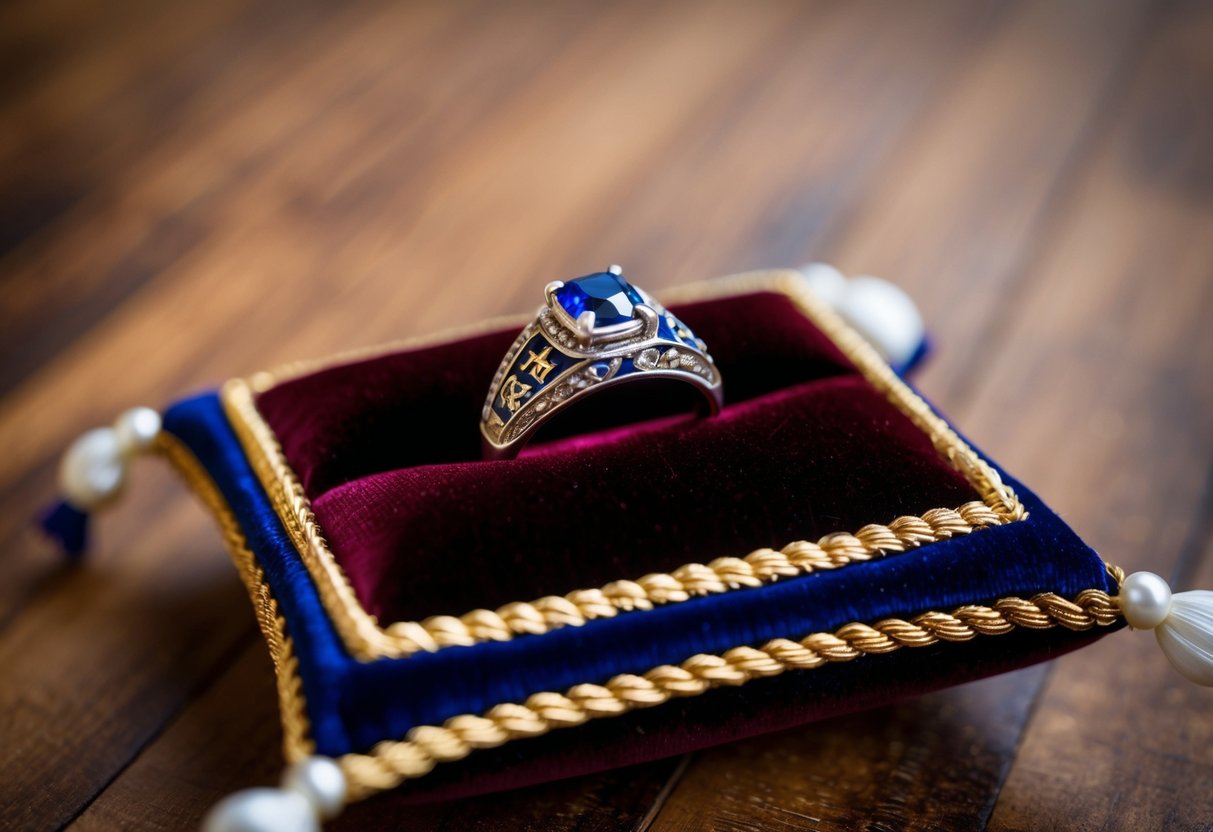 A decorative ring box sits on a velvet pillow, adorned with cultural symbols and personal touches