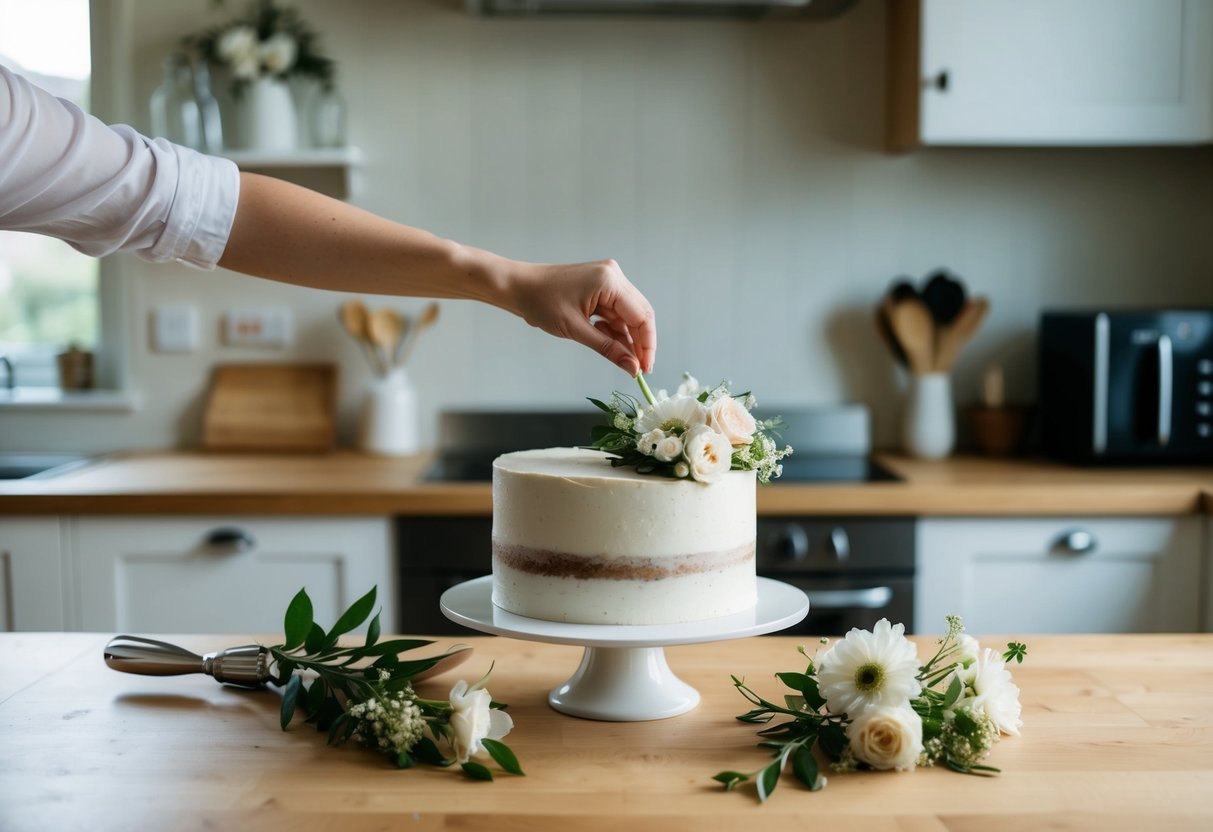 A cozy kitchen with a simple, homemade wedding cake being decorated with fresh flowers and minimal frosting