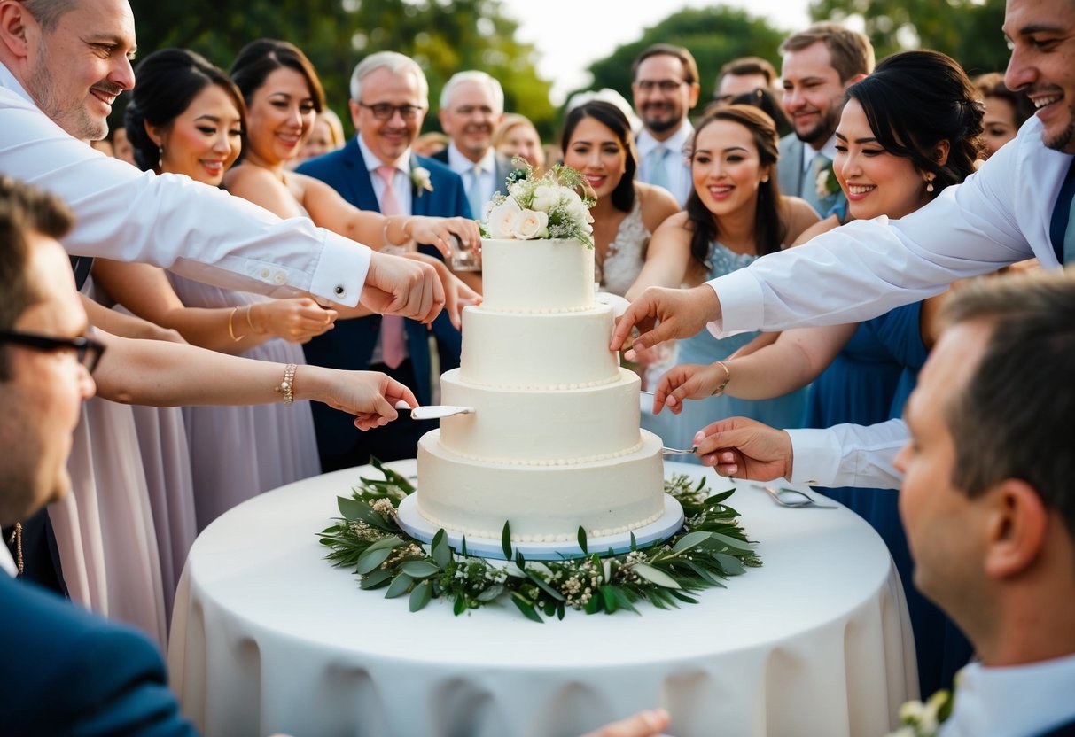 A wedding cake surrounded by a crowd of guests, with each person reaching out to take a slice