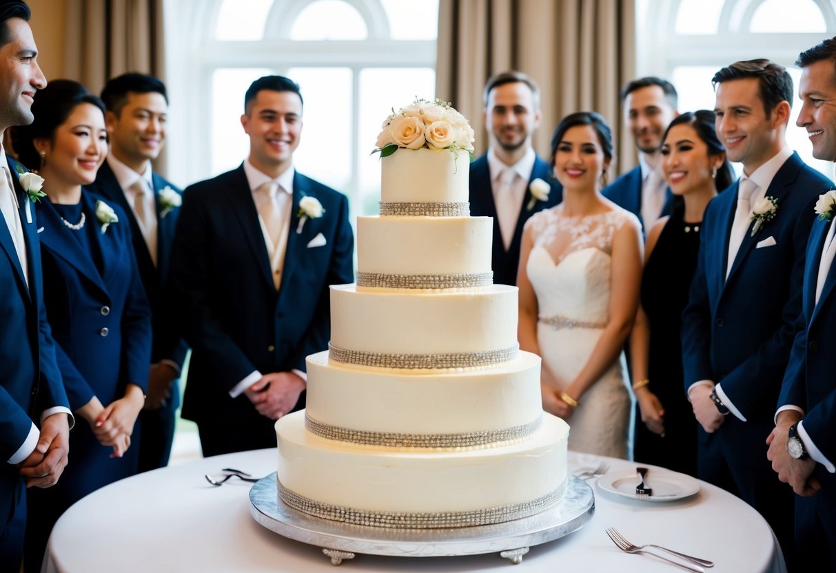 A tiered wedding cake with multiple layers and decorative frosting, surrounded by a group of people in formal attire