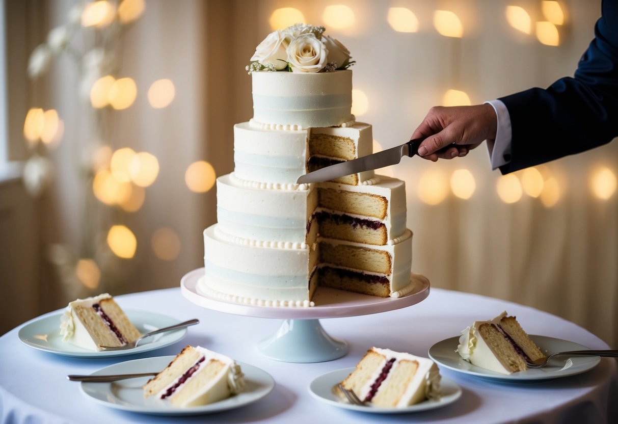 A 2-tier wedding cake being sliced to reveal the layers inside, with a few slices already cut and served on plates nearby