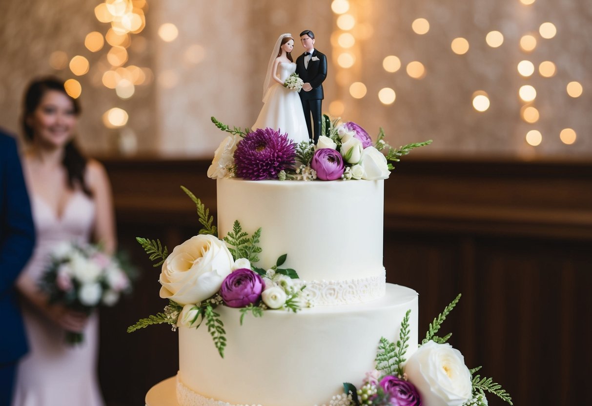 A two-tier wedding cake with intricate floral decorations, topped with a miniature bride and groom figurine